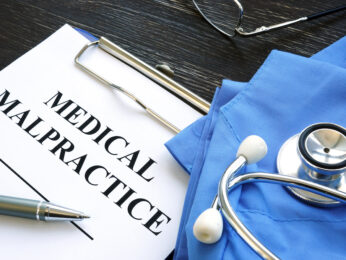 Medical malpractice case file with a Medical suit, stethoscope and documents.