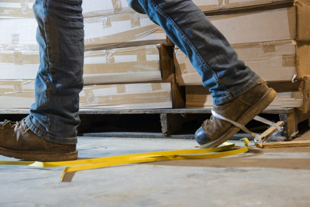 A person walking in work boots with their foot getting caught on a rope.