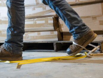 A person walking in work boots with their foot getting caught on a rope.
