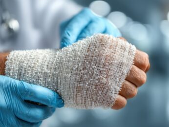 A doctor with gloves on wrapping gauze on a patient's hand.