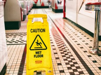 Caution sign sitting on a wet floor.