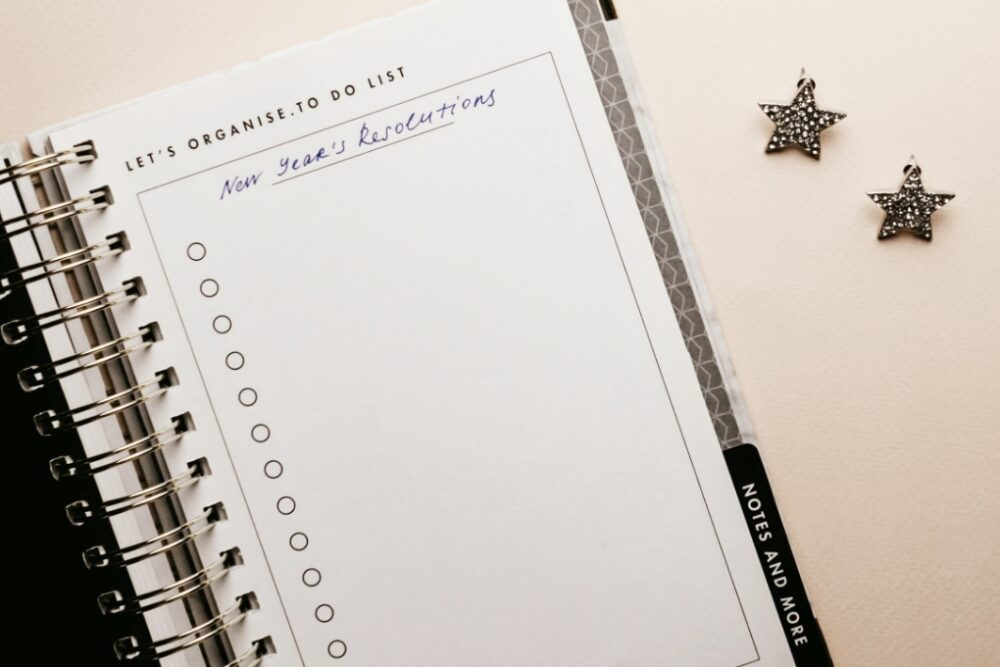 Notebook featuring a blank New Year's resolution list.