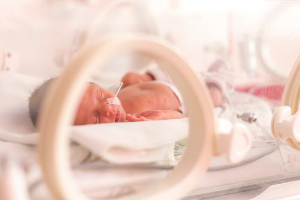 A baby sleeping in an incubator bed in the hospital.