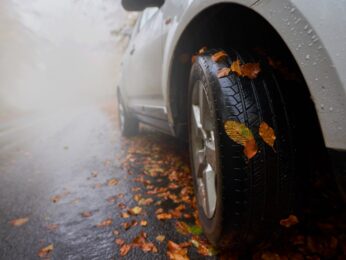 A tire on a car skidding on the road because of wet leaves.